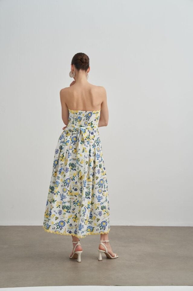 LİMON DESENLİ STRAPLEZ ELBİSE