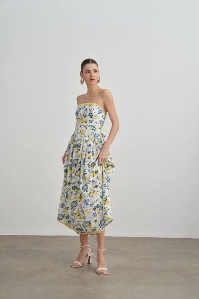 LİMON DESENLİ STRAPLEZ ELBİSE