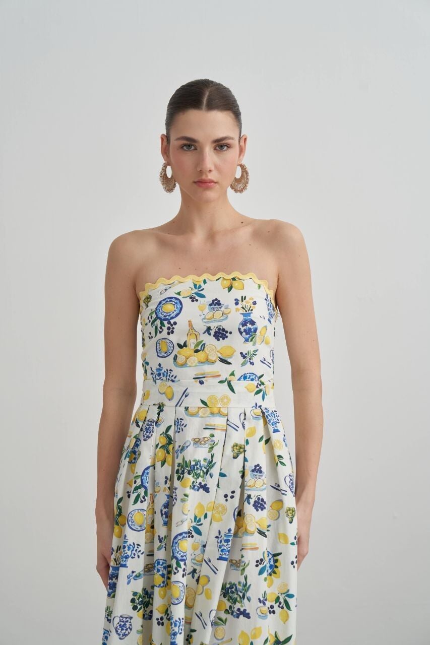LİMON DESENLİ STRAPLEZ ELBİSE