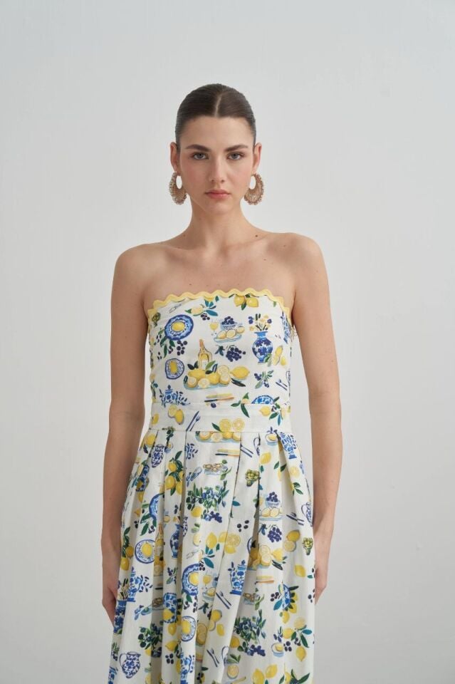 LİMON DESENLİ STRAPLEZ ELBİSE