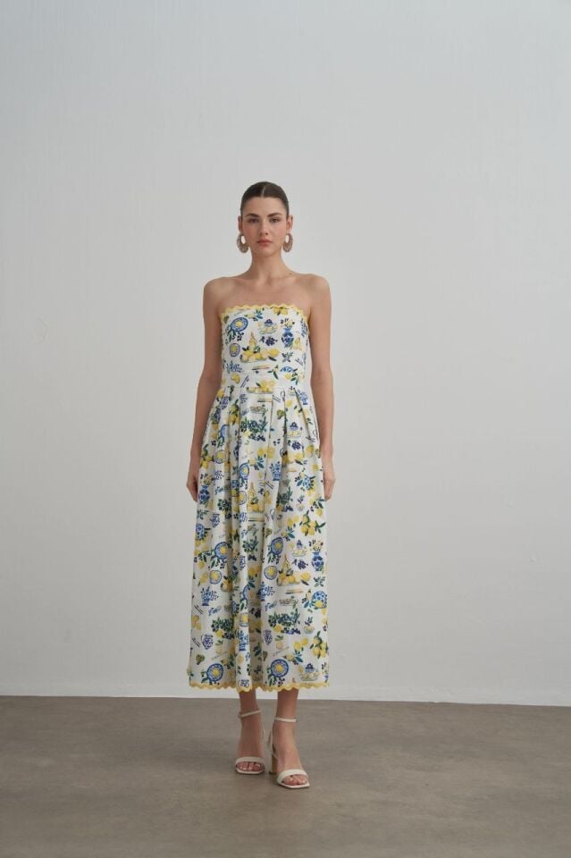 LİMON DESENLİ STRAPLEZ ELBİSE