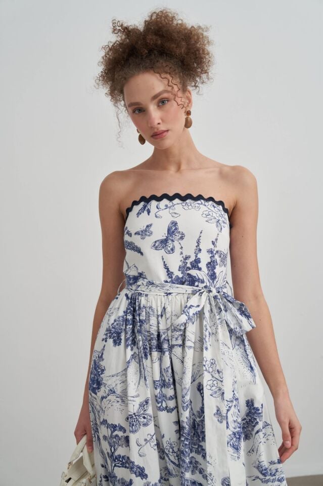 MAVİ BEYAZ DOĞA  DESENLİ STRAPLEZ ELBİSE