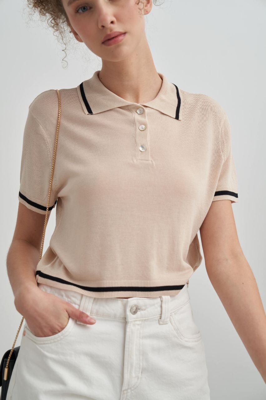 KONTRAST ŞERİT DETAYLARINA SAHİP BEJ RENGİ İNCE YAZLIK TRİKO