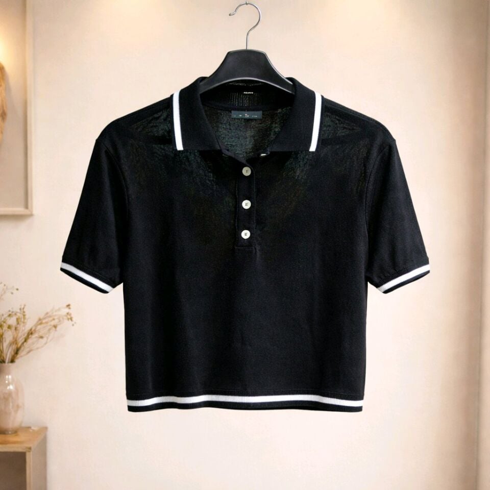 KONTRAST ŞERİT DETAYLARINA SAHİP SİYAH RENGİ İNCE YAZLIK TRİKO