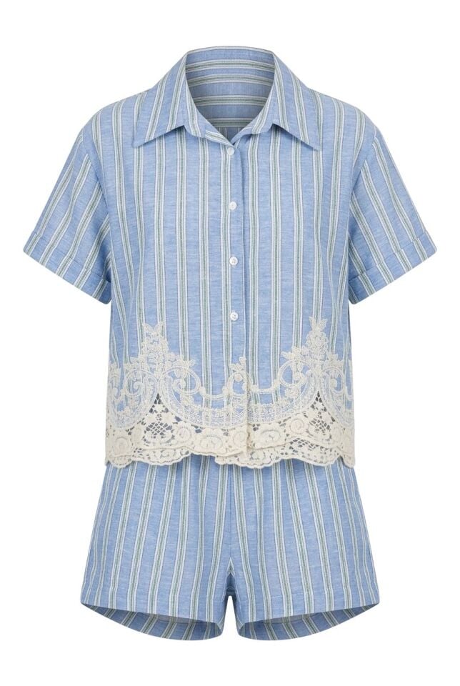İTALYEN KETEN MAVİ BEYAZ ÇİZGİLİ KISA ŞORT
