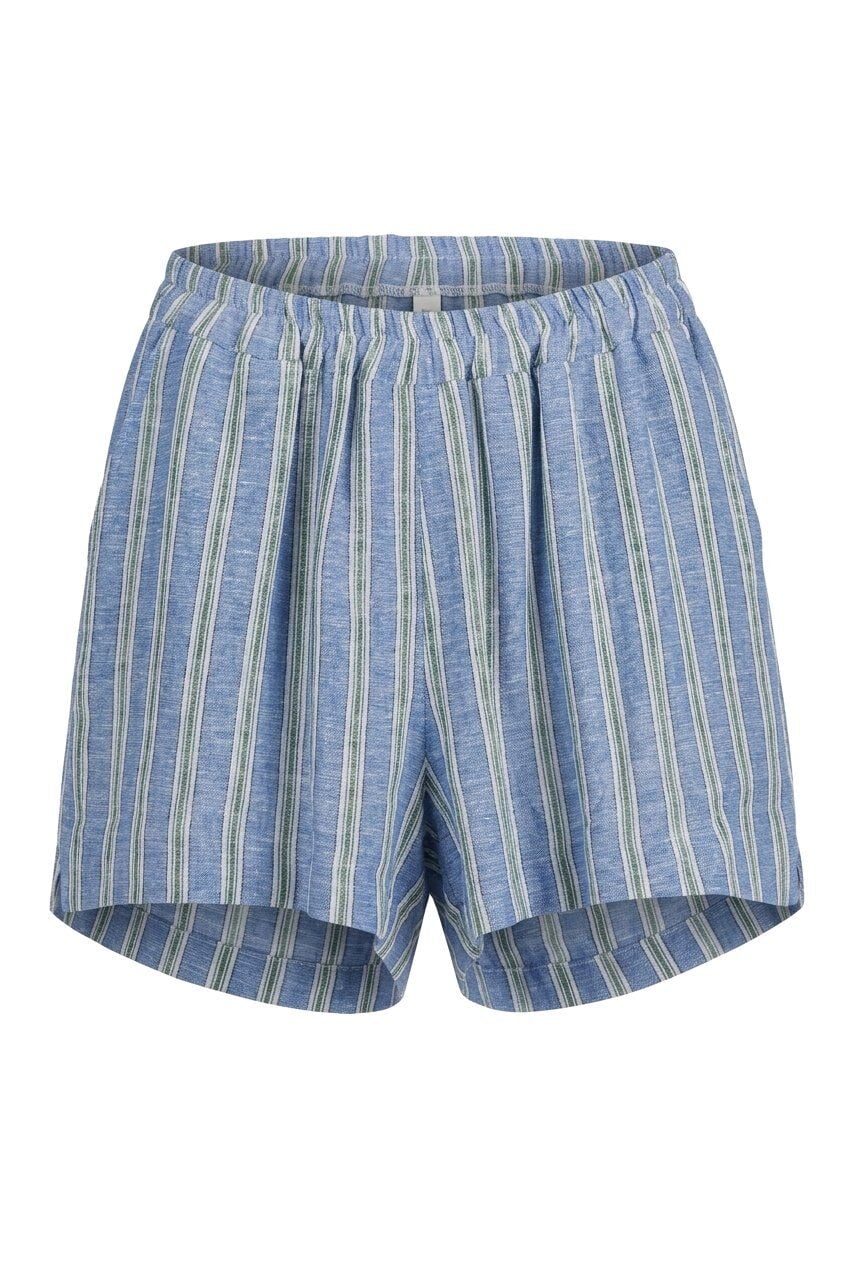 İTALYEN KETEN MAVİ BEYAZ ÇİZGİLİ KISA ŞORT