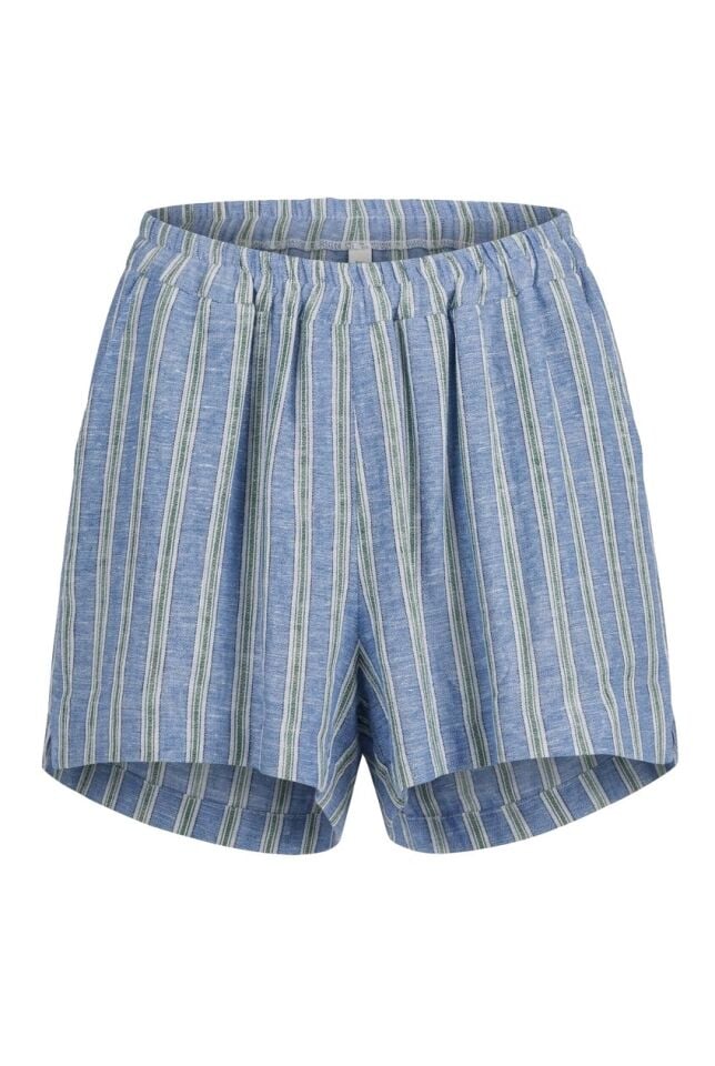 İTALYEN KETEN MAVİ BEYAZ ÇİZGİLİ KISA ŞORT