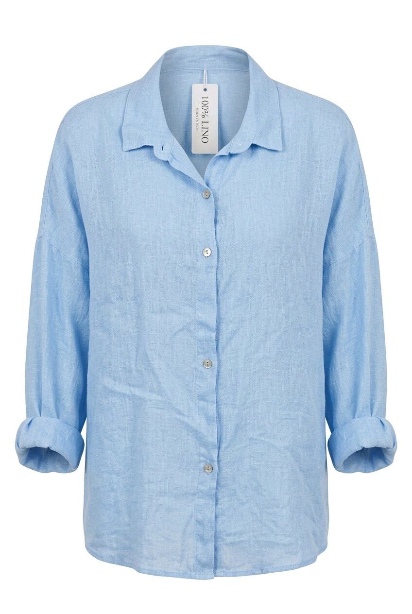 %100 İTALYAN KETENİ AÇIK MAVİ GÖMLEK