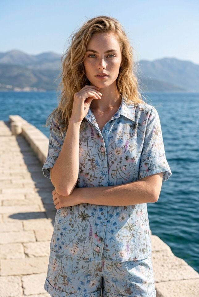 %100 İTALYAN KETENİ MAVİ ÇİÇEK DESENLİ GÖMLEK