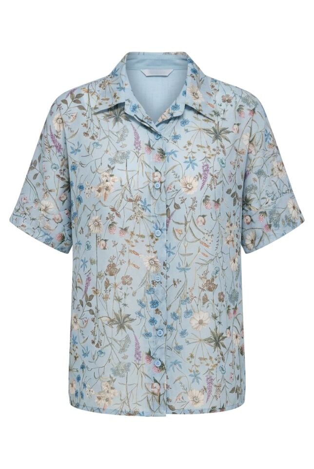 %100 İTALYAN KETENİ MAVİ ÇİÇEK DESENLİ GÖMLEK