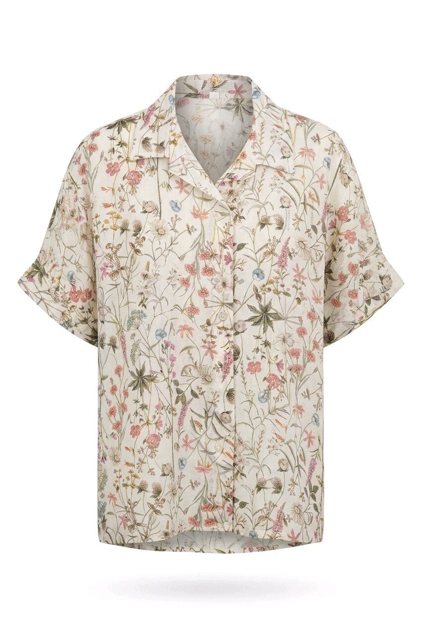 %100 İTALYAN KETENİ EKRU ÇİÇEK DESENLİ GÖMLEK