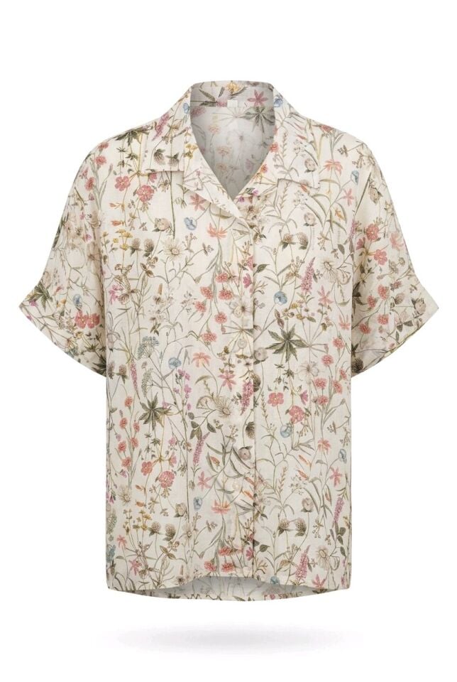 %100 İTALYAN KETENİ EKRU ÇİÇEK DESENLİ GÖMLEK