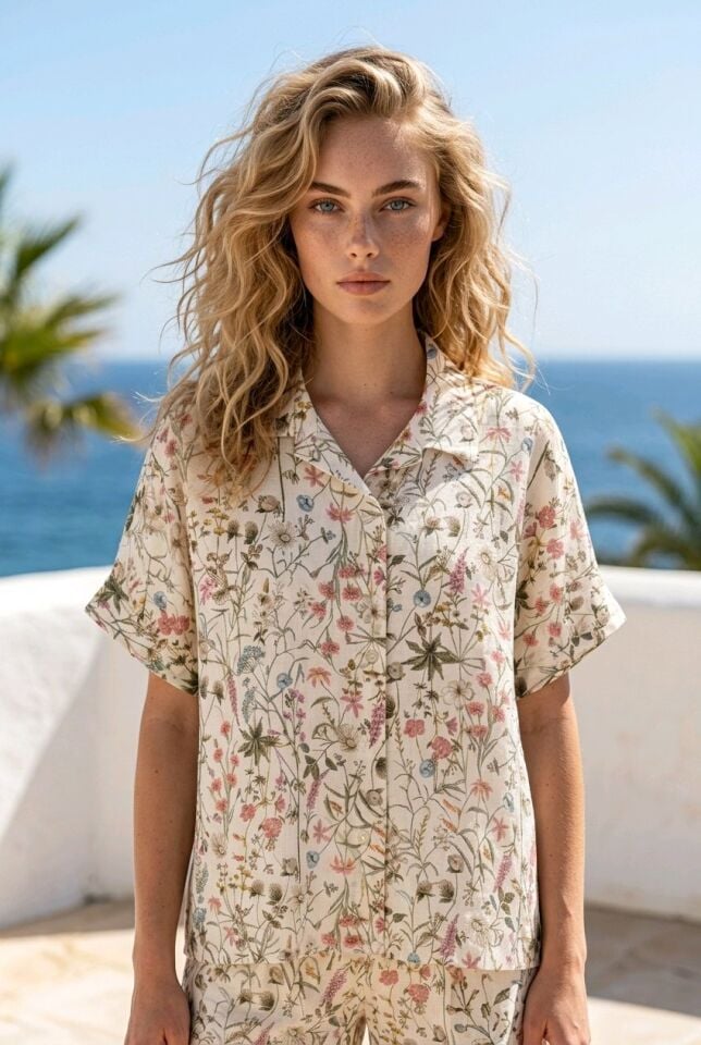 %100 İTALYAN KETENİ EKRU ÇİÇEK DESENLİ GÖMLEK