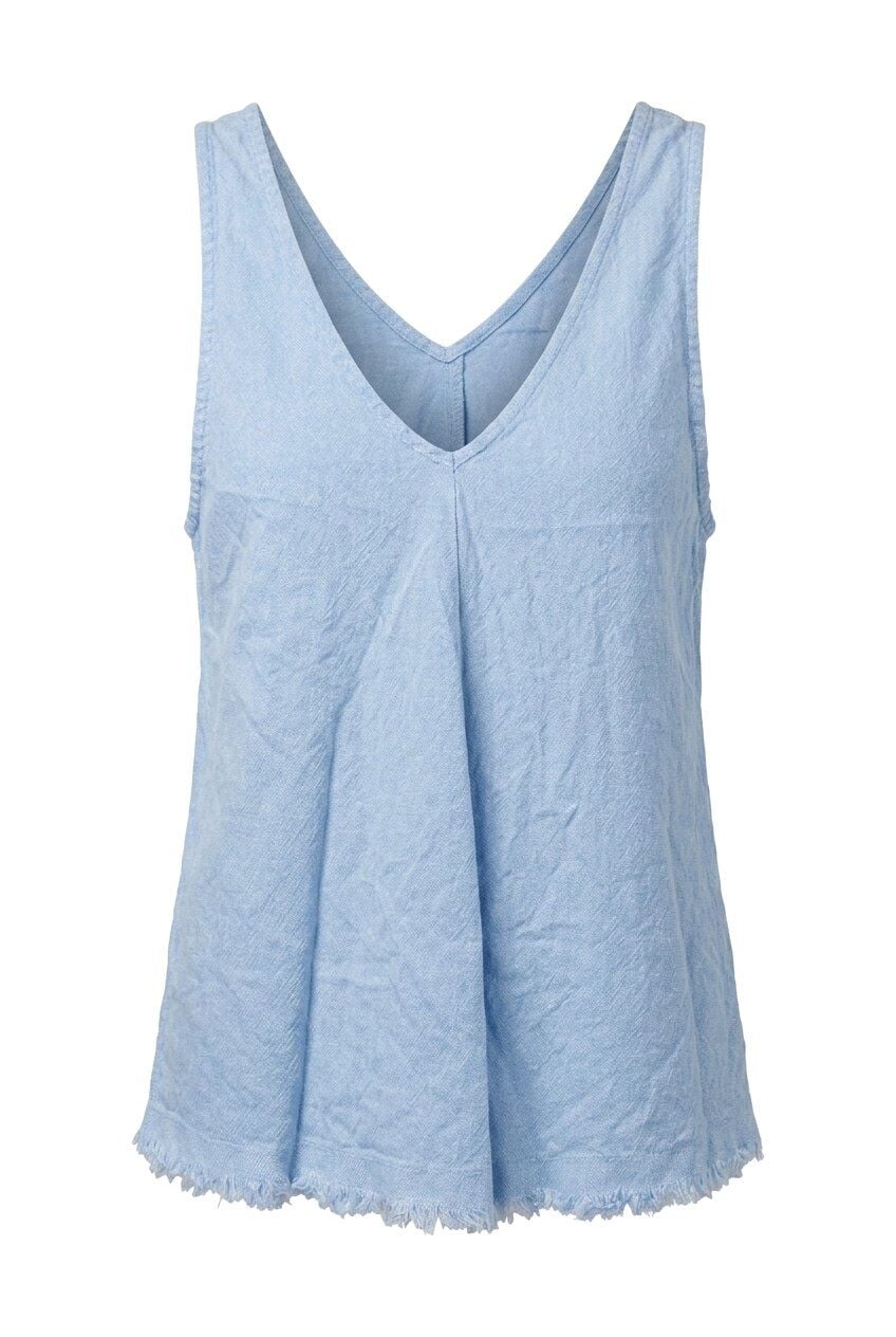 %100 İTALYAN KETENİ AÇIK MAVİ KOLSUZ V YAKA BLUZ