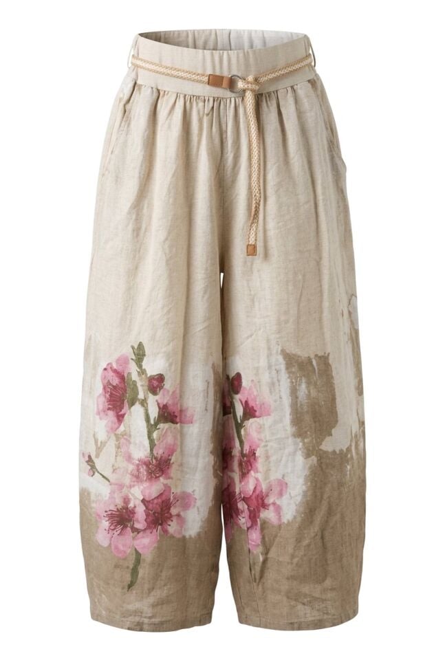 %100 İTALYAN KETEN GENİŞ PAÇALI KEMERLİ BATİK PANTOLON