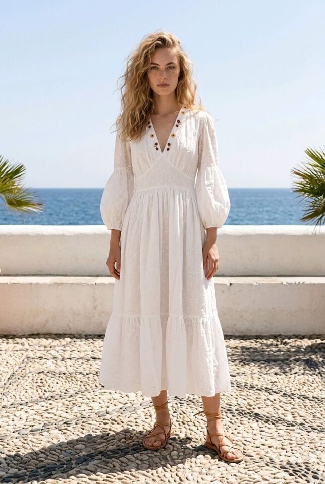 ASTARLI V YAKA NAKIŞ İŞLEMELİ BEYAZ ELBİSE