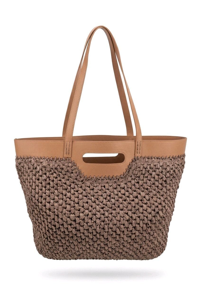 SUNİ DERİ DETAYLI HEM EL HEM KOLLU KULLANIMI OLAN KOYUKAHVERENGİ HASIR ÇANTA