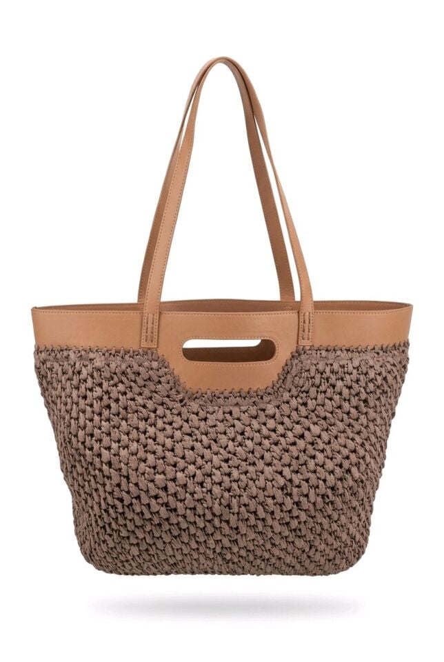 SUNİ DERİ DETAYLI HEM EL HEM KOLLU KULLANIMI OLAN KOYUKAHVERENGİ HASIR ÇANTA