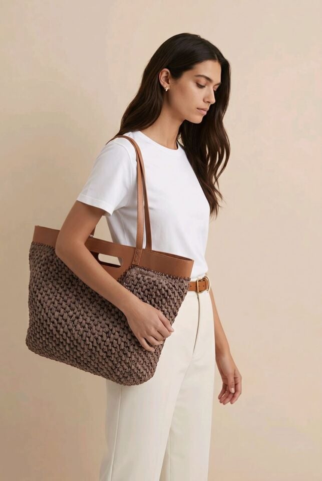 SUNİ DERİ DETAYLI HEM EL HEM KOLLU KULLANIMI OLAN KOYUKAHVERENGİ HASIR ÇANTA