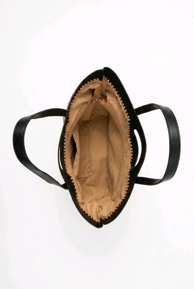 SUNİ DERİ DETAYLI HEM EL HEM KOLLU KULLANIMI OLAN SİYAH HASIR ÇANTA