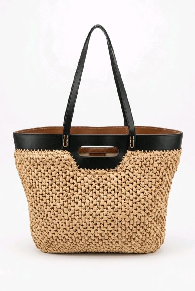 SUNİ DERİ DETAYLI HEM EL HEM KOLLU KULLANIMI OLAN SİYAH HASIR ÇANTA