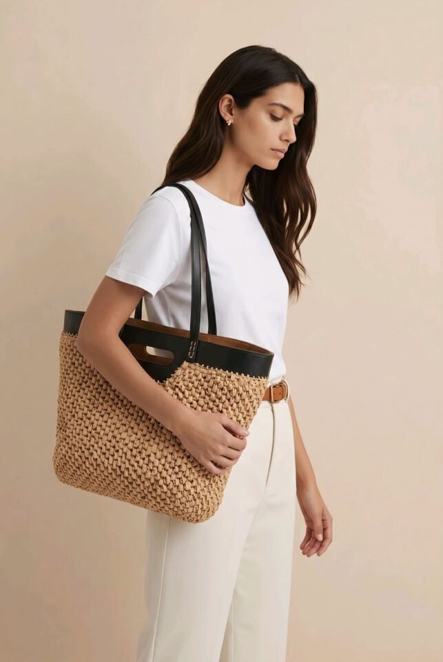 SUNİ DERİ DETAYLI HEM EL HEM KOLLU KULLANIMI OLAN SİYAH HASIR ÇANTA