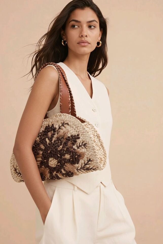 KAHVERENGİ ÇİÇEK DESENİ İŞLEMELİ HASIR ÇANTA