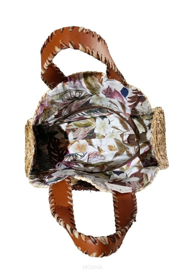 KAHVERENGİ ÇİÇEK DESENİ İŞLEMELİ HASIR ÇANTA