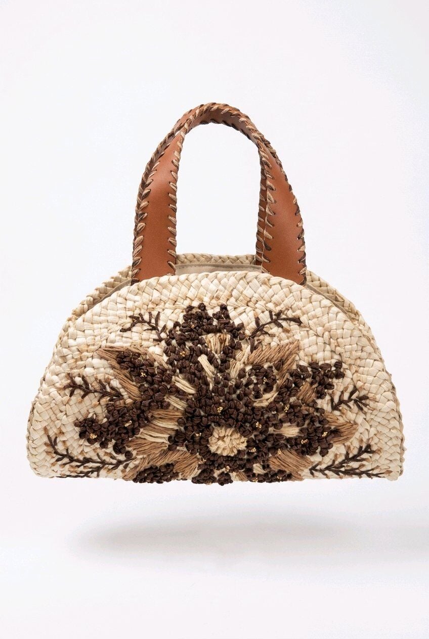 KAHVERENGİ ÇİÇEK DESENİ İŞLEMELİ HASIR ÇANTA