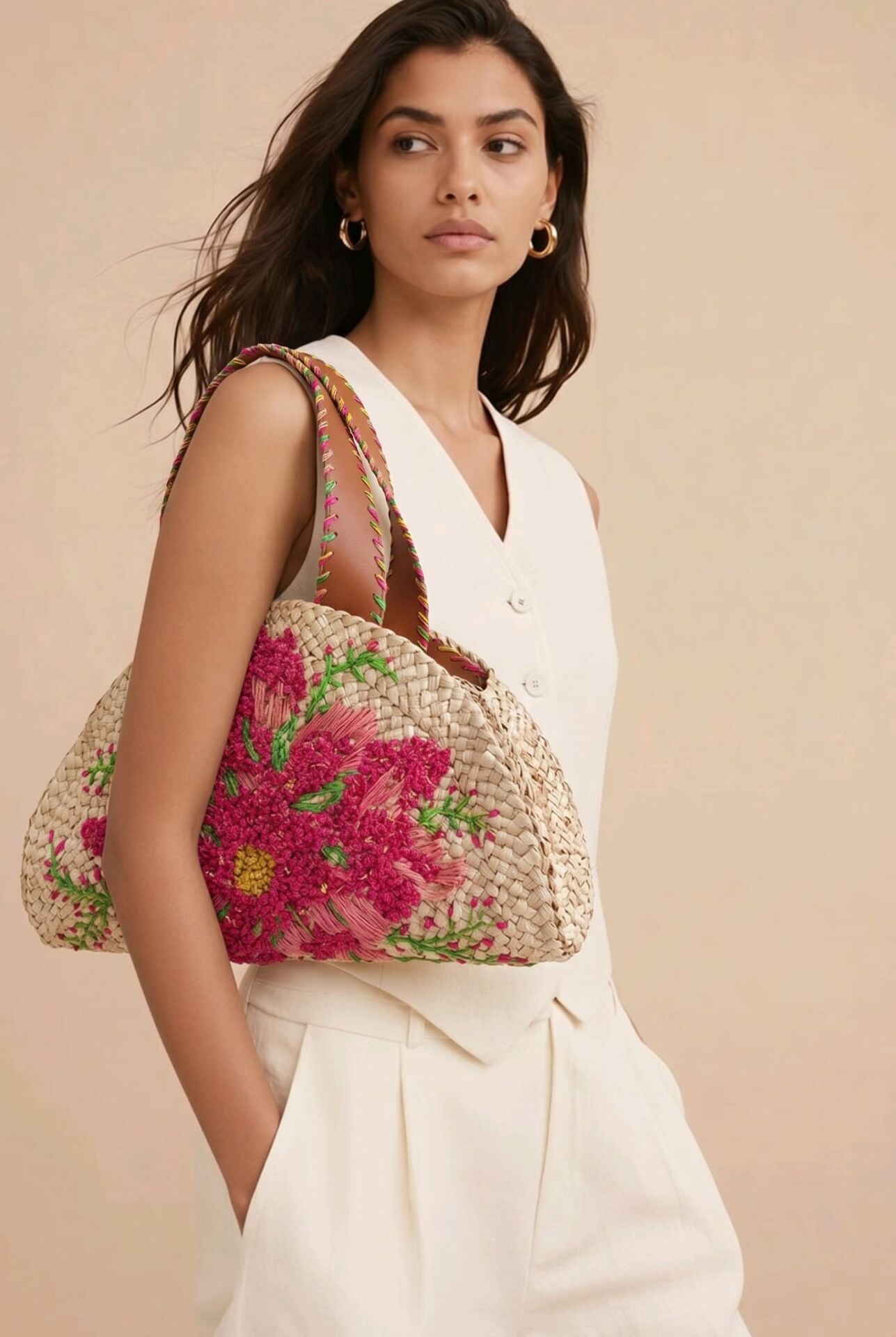 PEMBE ÇİÇEK DESENİ İŞLEMELİ HASIR ÇANTA