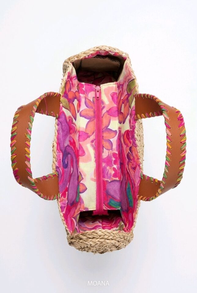 PEMBE ÇİÇEK DESENİ İŞLEMELİ HASIR ÇANTA