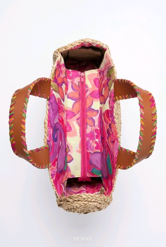 PEMBE ÇİÇEK DESENİ İŞLEMELİ HASIR ÇANTA