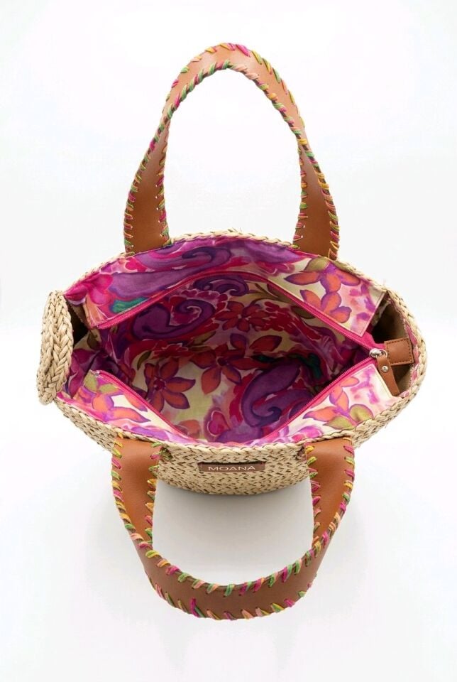 PEMBE ÇİÇEK DESENİ İŞLEMELİ HASIR ÇANTA