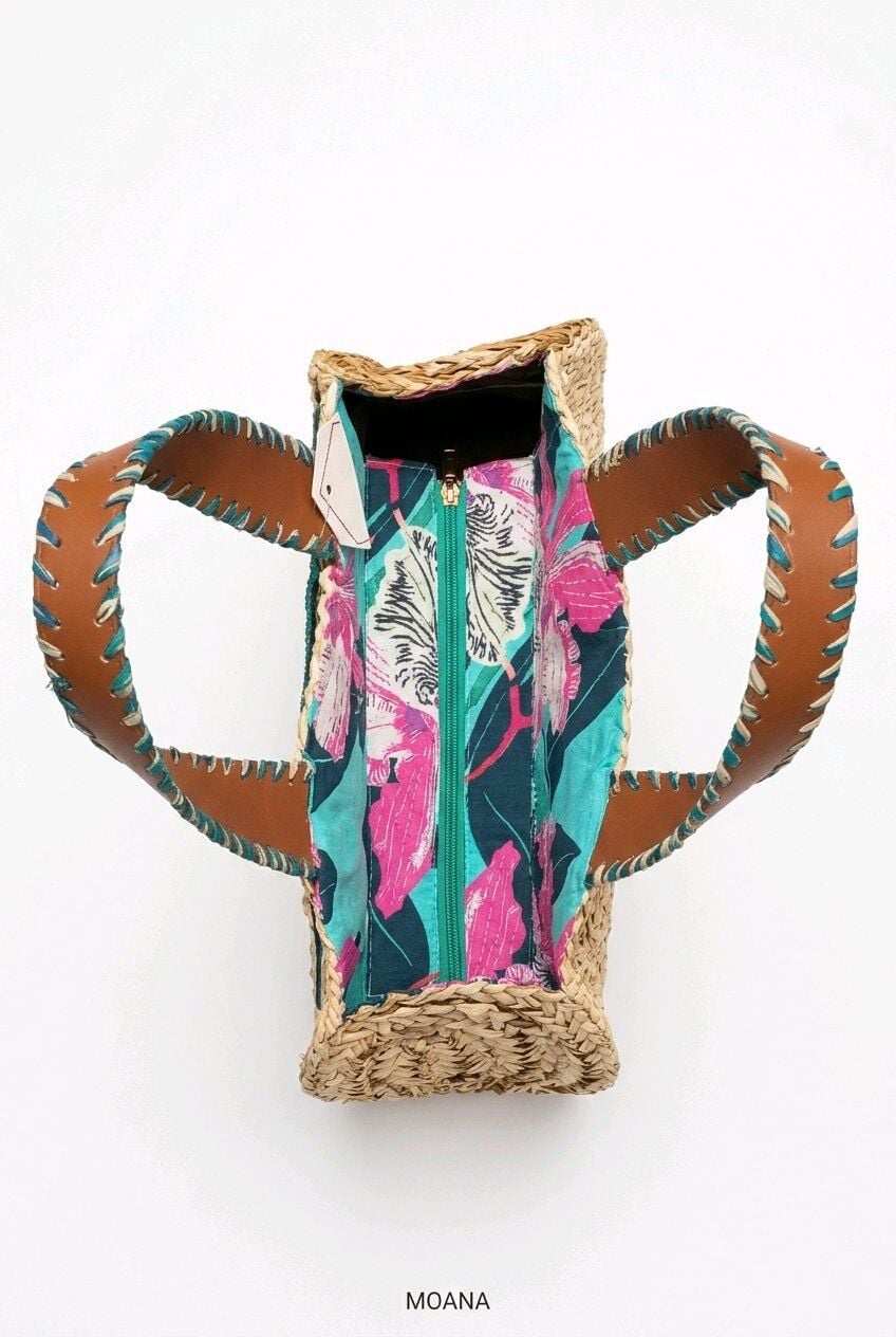 MAVİ ÇİÇEK DESENİ İŞLEMELİ HASIR ÇANTA