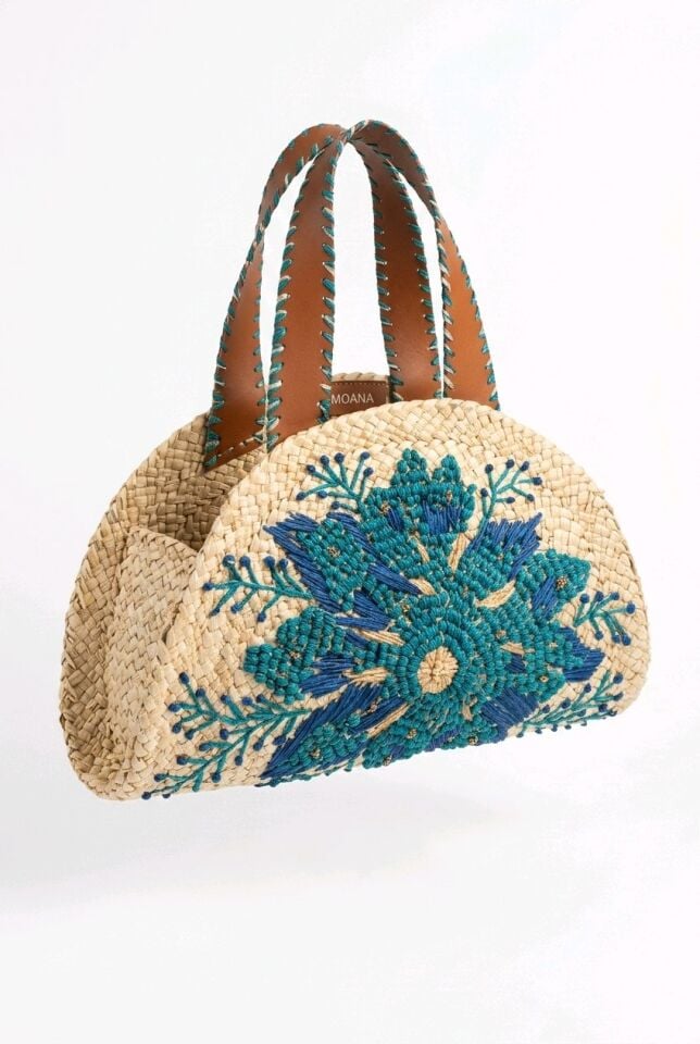 MAVİ ÇİÇEK DESENİ İŞLEMELİ HASIR ÇANTA