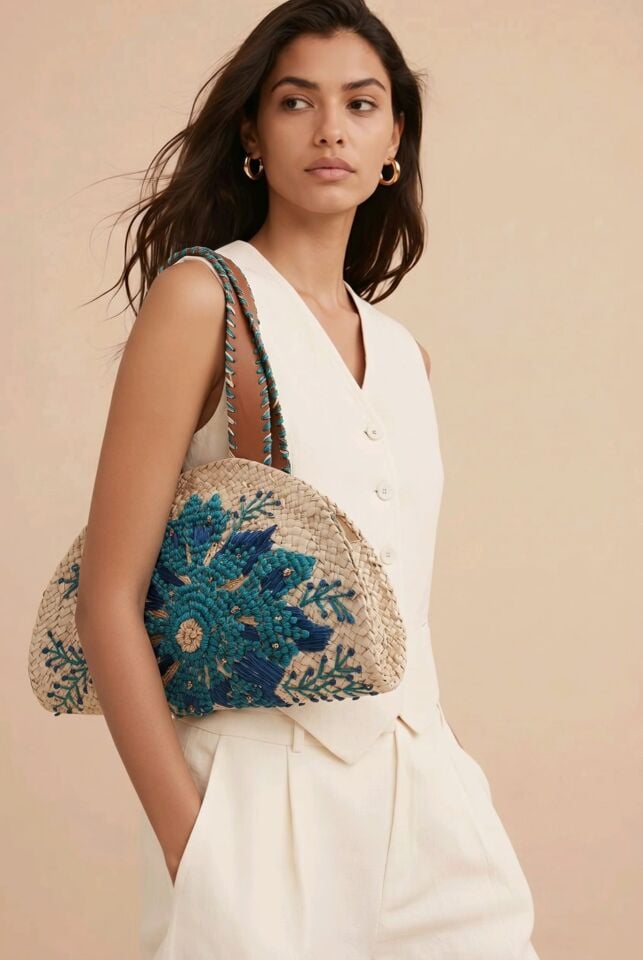 MAVİ ÇİÇEK DESENİ İŞLEMELİ HASIR ÇANTA