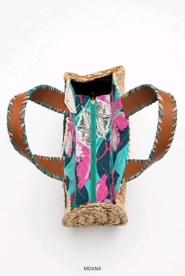 MAVİ ÇİÇEK DESENİ İŞLEMELİ HASIR ÇANTA