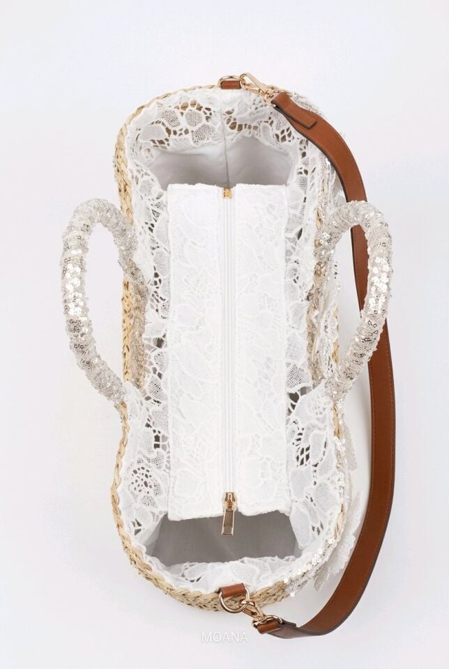 ÇİÇEK MOTİFLİKABARTMALI APLİKELER VE İNCİLİ BONCUKLU BÜYÜK HASIR ÇANTA