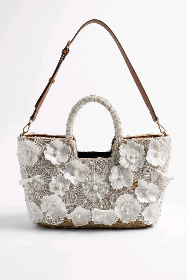 ÇİÇEK MOTİFLİKABARTMALI APLİKELER VE İNCİLİ BONCUKLU BÜYÜK HASIR ÇANTA