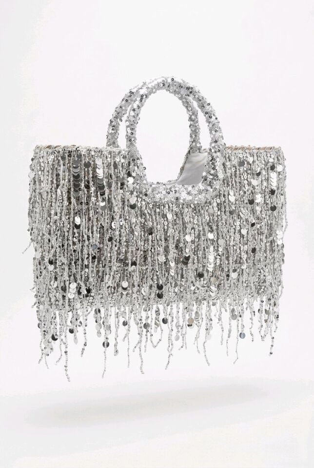 GÜMÜŞ PAYETLERLE İŞLİ BÜYÜK HASIR ÇANTA
