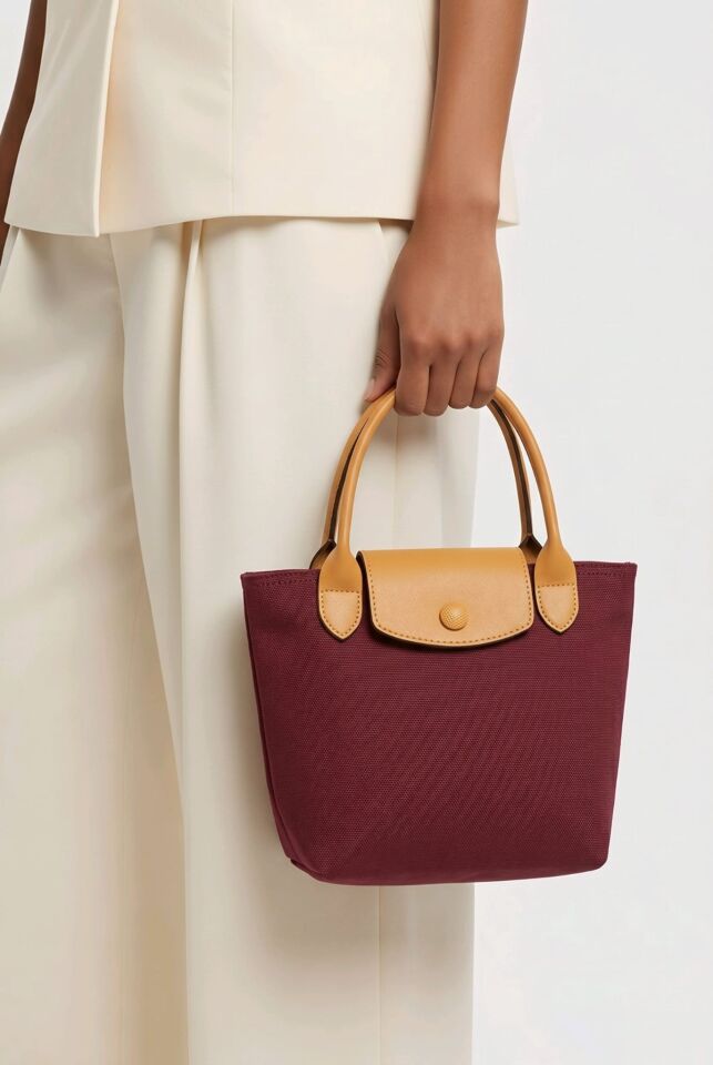 BORDO RENKLİ KAHVERENGİ SAPLI POLYESTER KANVAS DOKULU EL KOL ÇANTASI