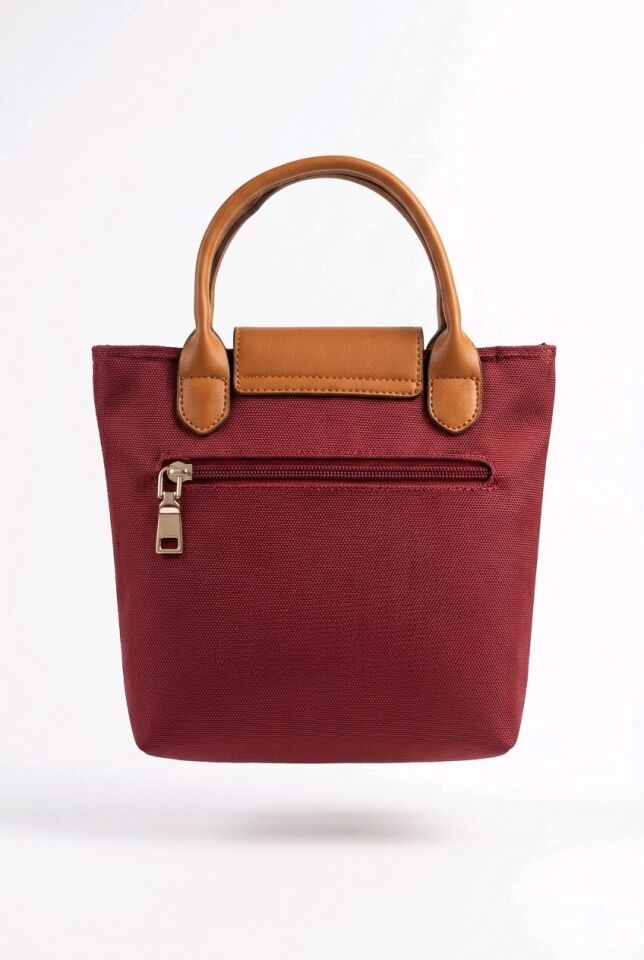 BORDO RENKLİ KAHVERENGİ SAPLI POLYESTER KANVAS DOKULU EL KOL ÇANTASI