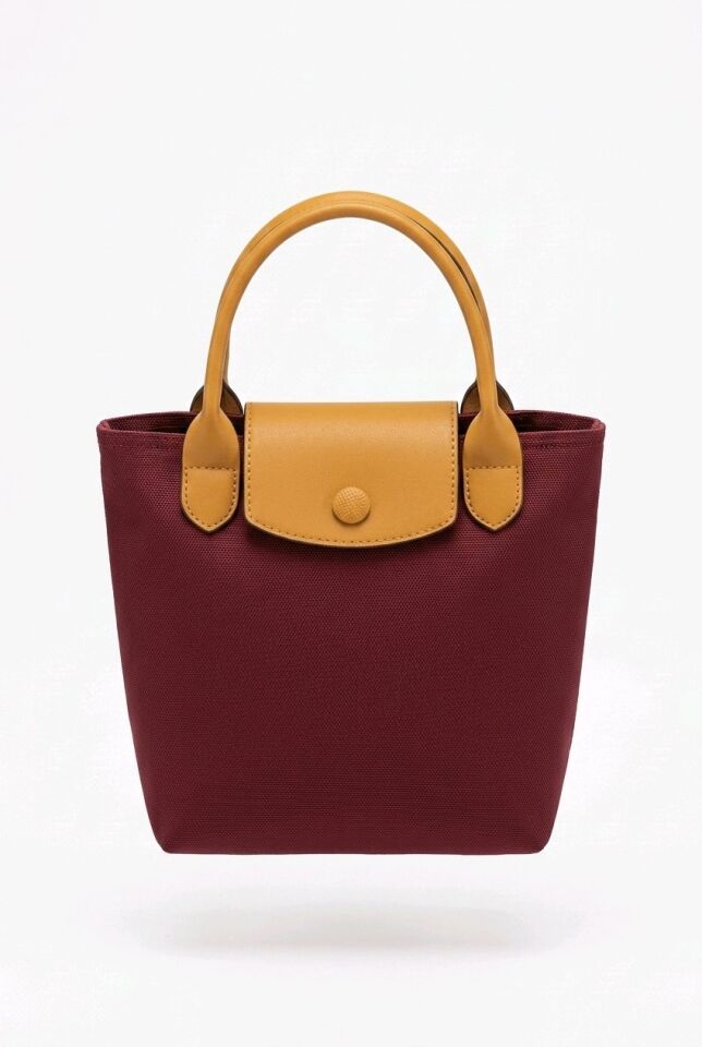 BORDO RENKLİ KAHVERENGİ SAPLI POLYESTER KANVAS DOKULU EL KOL ÇANTASI