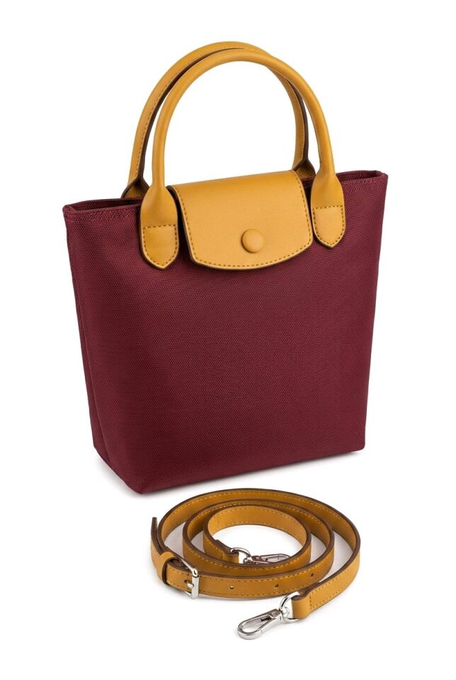 BORDO RENKLİ KAHVERENGİ SAPLI POLYESTER KANVAS DOKULU EL KOL ÇANTASI
